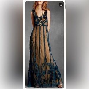 James Coviello dress sz 2 - indigo mist blue raw sheer overlay a gold lining!